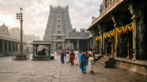 Couples in traditional dress at Tirumala temple for TTD Kalyanotsavam online booking seva