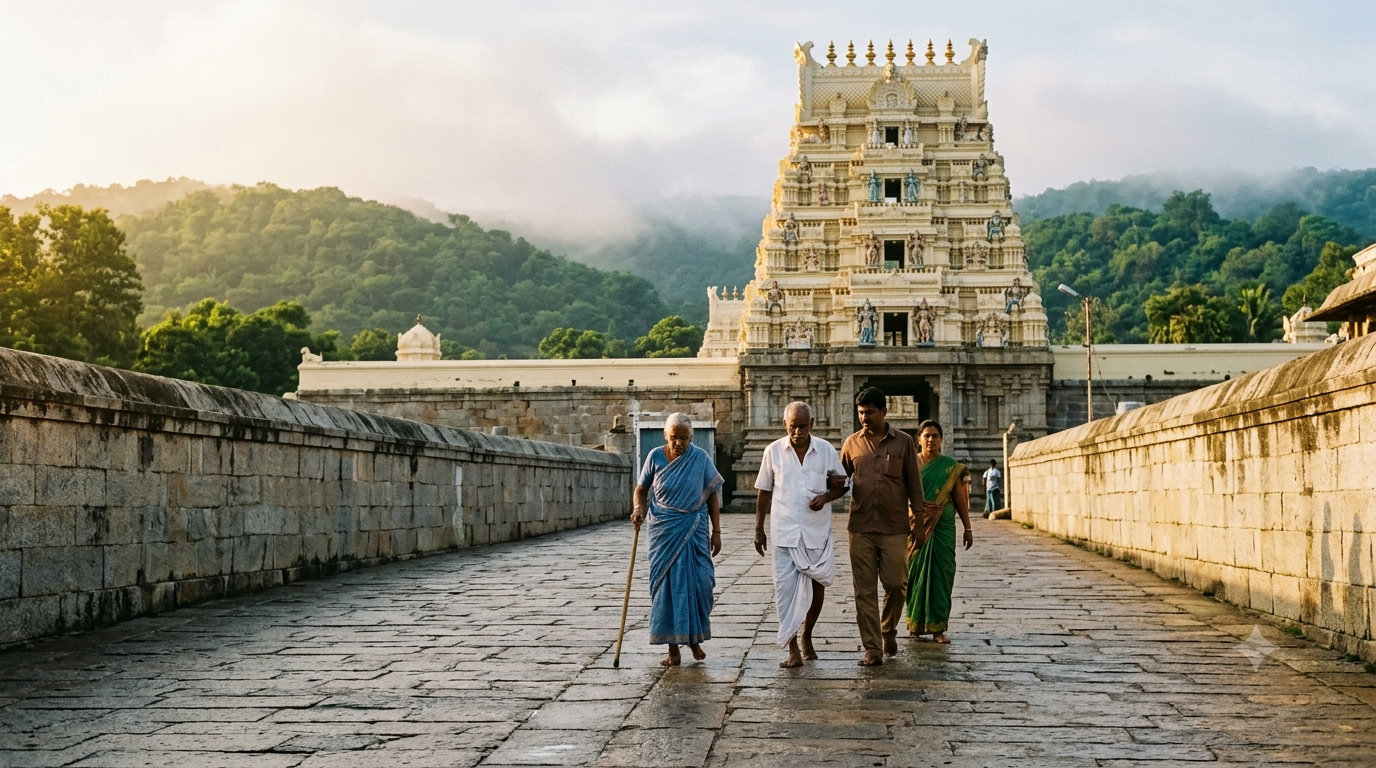 Elderly pilgrims walking to TTD senior citizen darshan at Tirumala temple, a free quota booked online in advance