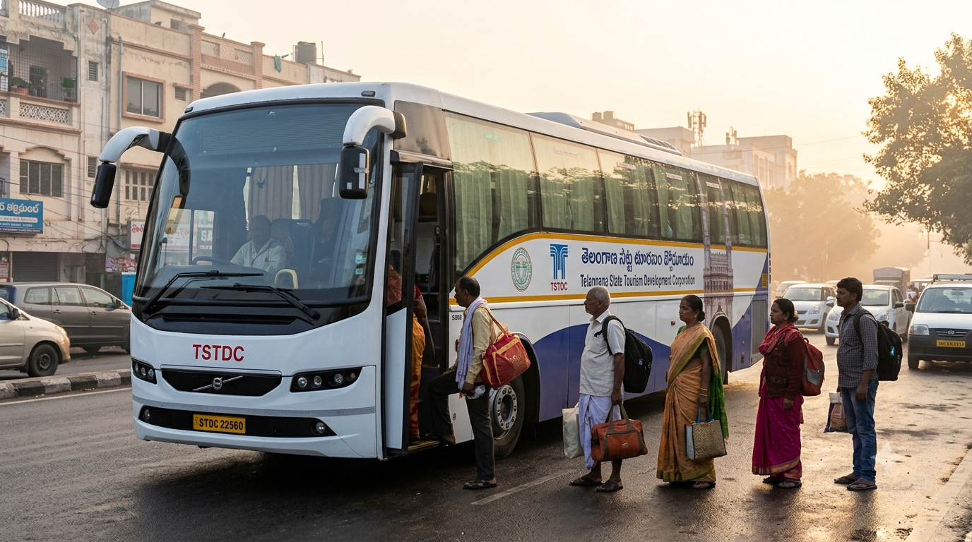 Telangana Tourism Tirumala Darshan package coach boarding at a Hyderabad pick-up point