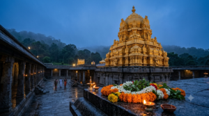 Thomala Seva online booking guide – Tirumala temple gold vimana at pre-dawn with flower garlands