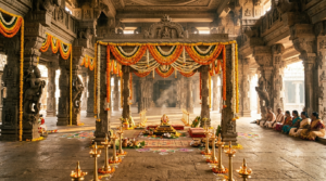 Tiruchanur Kalyanotsavam online booking – decorated South Indian temple wedding mandapam with lamps and garlands