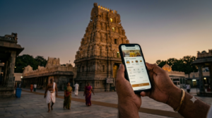 Tirumala Abhishekam Seva online booking on a phone with a temple gopuram at dawn