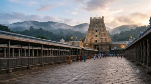 Tirumala Archana Seva pilgrims at the Tirumala temple queue complex at dawn