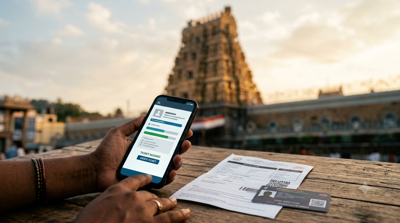 Tirumala darshan ticket download on a phone with an e-ticket printout ready for entry