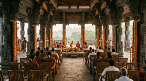 Tirumala Kalyana Vedika mandapam set for a Hindu wedding ceremony
