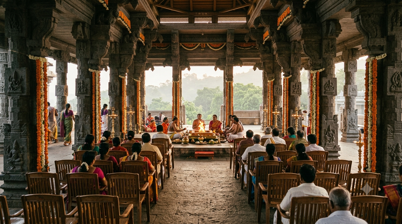 Tirumala Kalyana Vedika mandapam set for a Hindu wedding ceremony