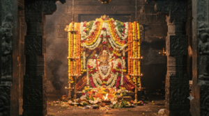 Tirumala Poolangi Seva flower garlands in a lamp-lit temple sanctum