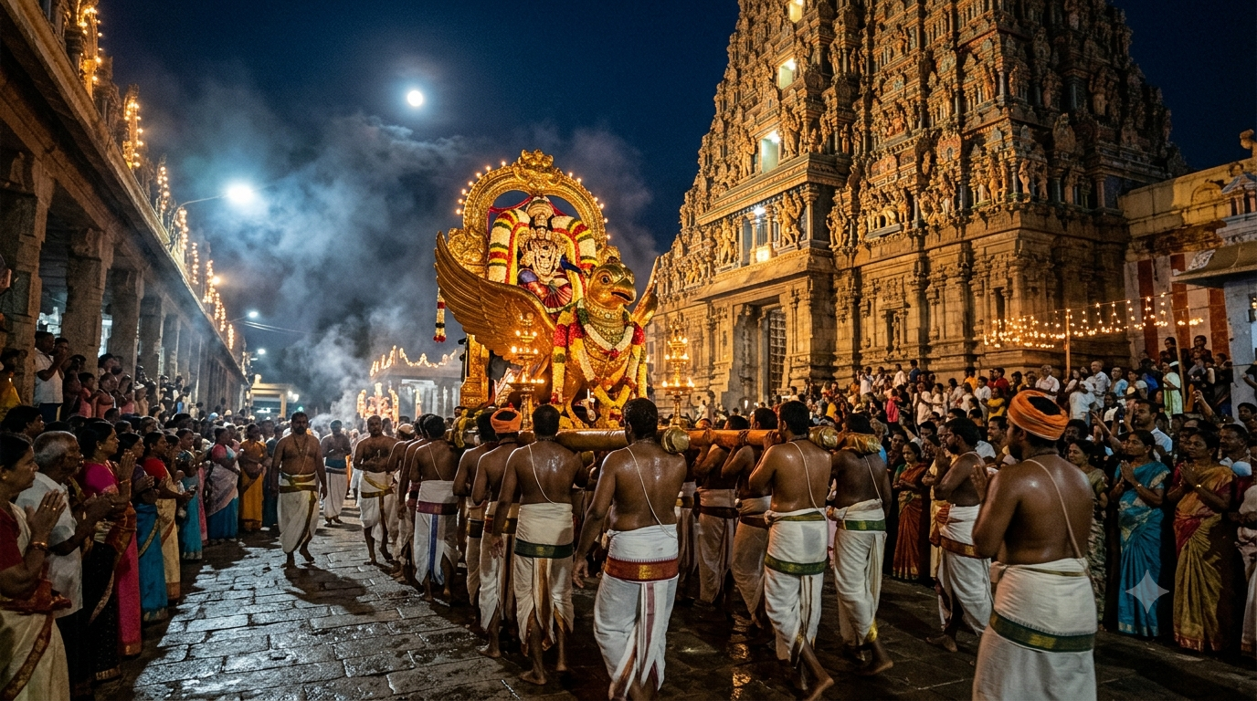 Tirumala Pournami Garuda Seva procession of Sri Malayappa Swamy on the Garuda Vahanam at night