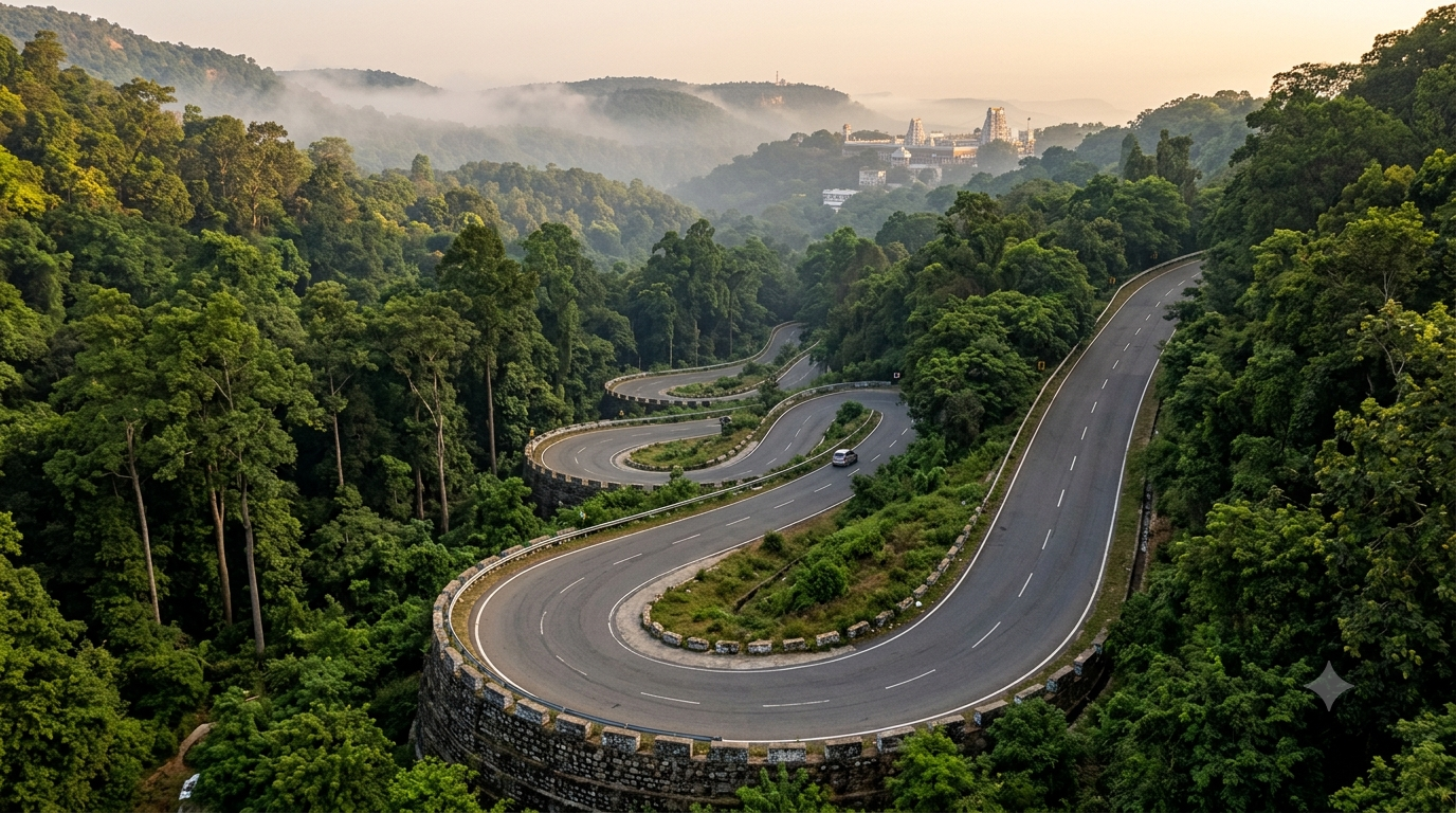 Tirupati to Tirumala Ghat Road winding uphill through forested Seshachalam hills