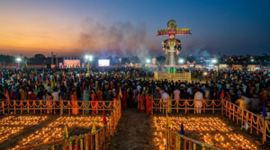 Vijayadashami date and timings 2026 – tall Ravana effigy and oil lamps at a Dussehra ground