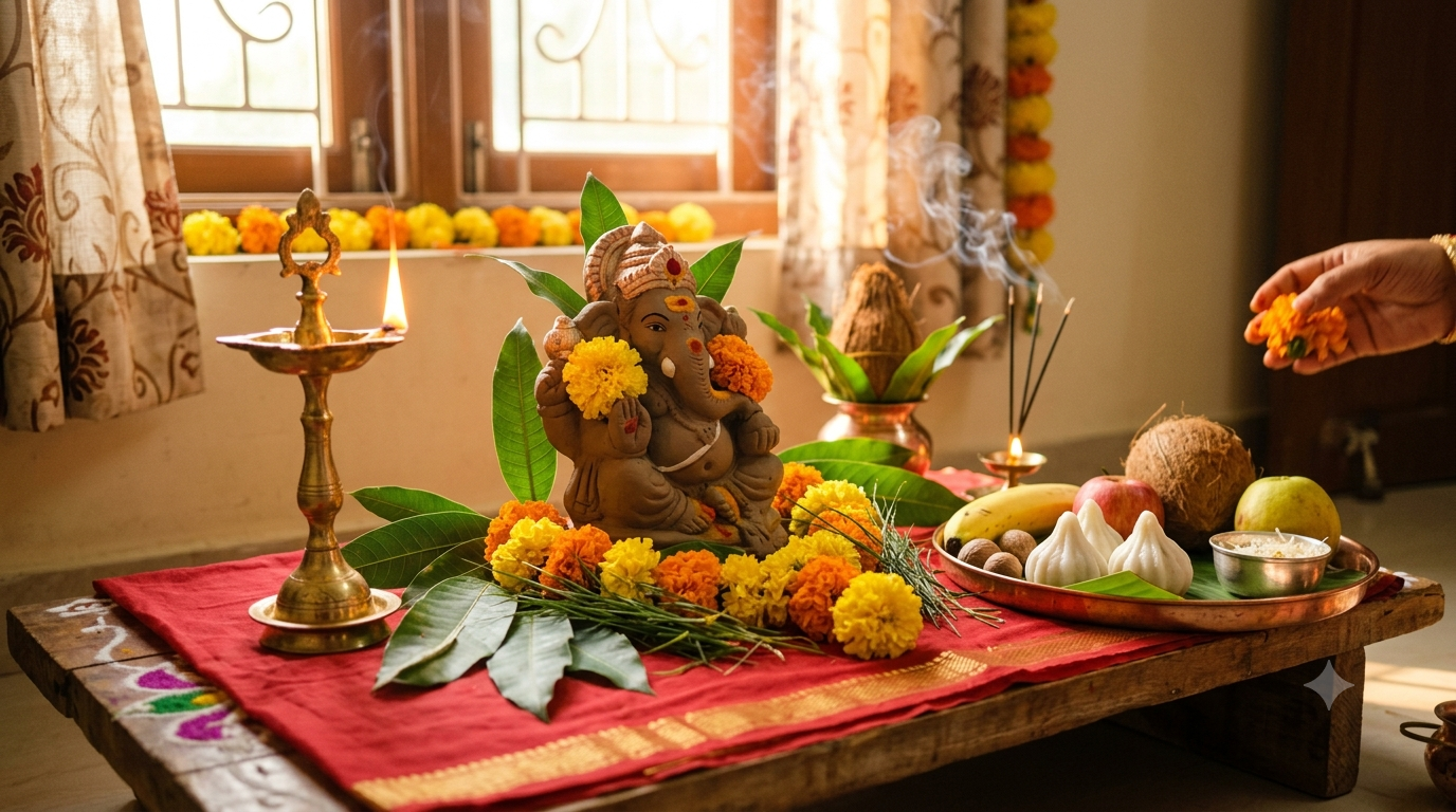 Vinayaka Chavithi Vratha Kalpam home pooja with clay Ganesha idol, 21 patri, lamp and modakam