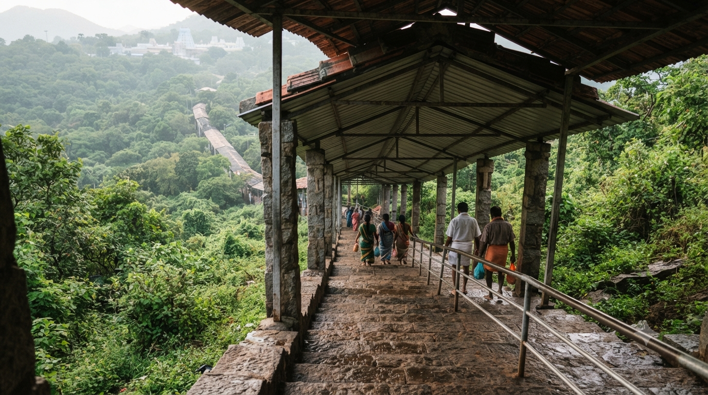 Alipiri footpath timings guide with covered steps and pilgrims climbing toward Tirumala