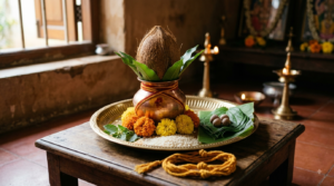 Anantha Padmanabha Vratham 2026 puja tray with kalasham, flowers and 14-knot Anantha Sutra thread