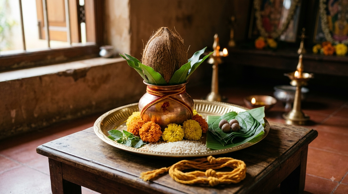Anantha Padmanabha Vratham 2026 puja tray with kalasham, flowers and 14-knot Anantha Sutra thread