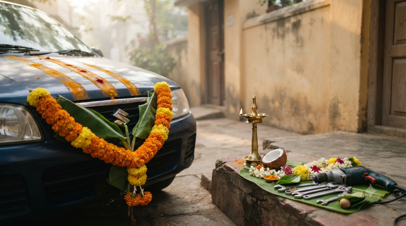 Ayudha Pooja 2026 vehicle puja with a garlanded car, turmeric marks, lamp and flowers on the morning of Maha Navami