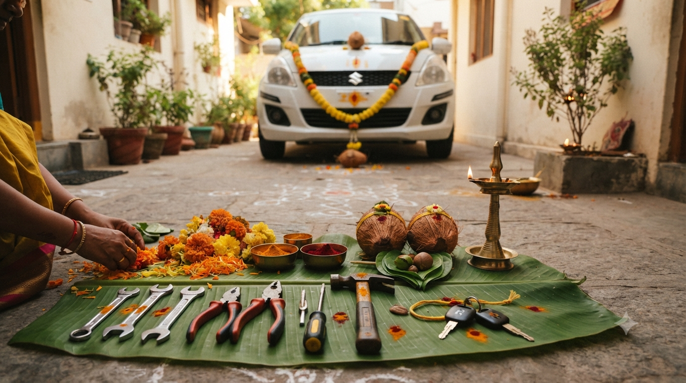 Ayudha Puja Muhurtham 2026 with tools, vehicle keys, flowers and lamp