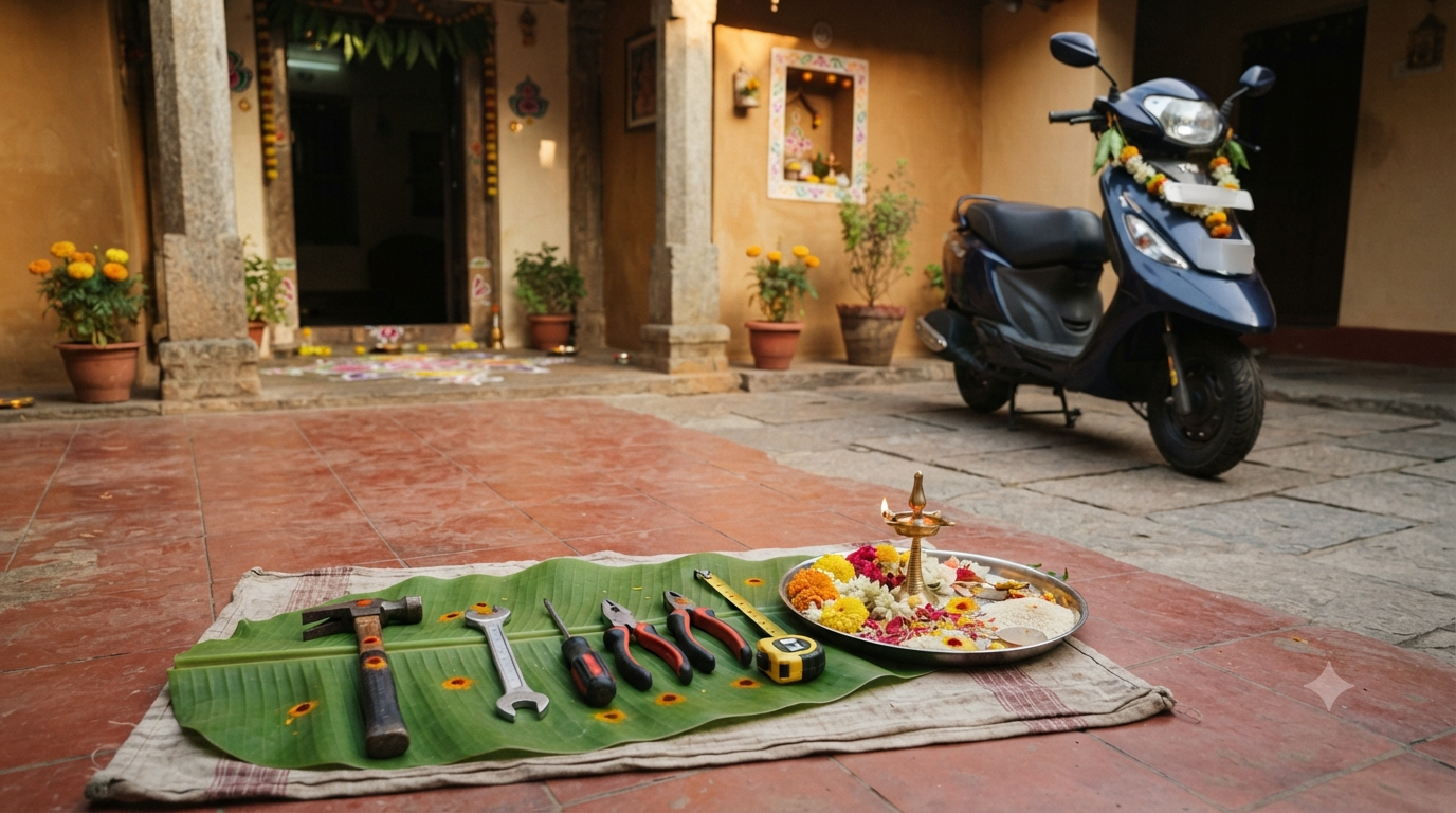 Ayudha Puja Vidhanam in Telugu with decorated tools, vehicle, flowers and lamp at home