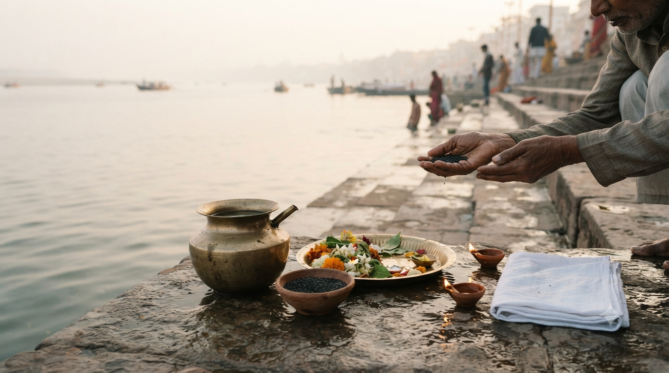 Bhishma Ashtami 2027 tarpan setting with water, sesame, flowers and oil lamp