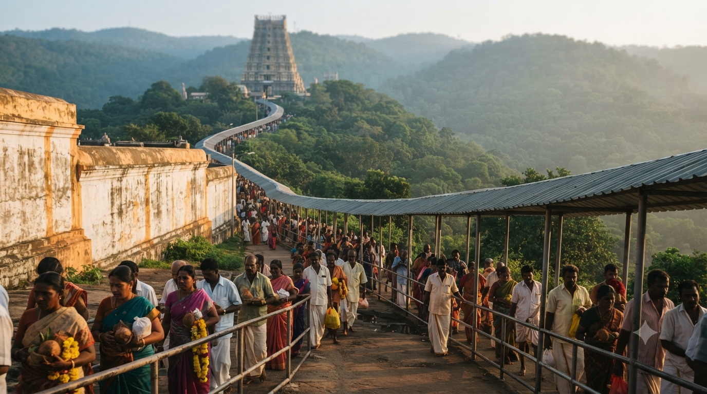 Chamundeshwari Temple darshan timings: pilgrims in the morning queue on Chamundi Hill, Mysuru