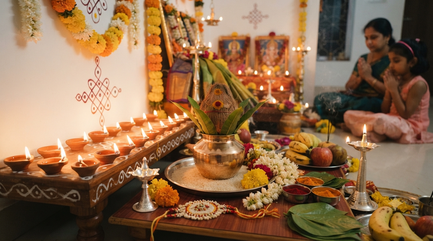 Deepavali Nomulu 2026 puja setup with kalasam, lamps and flowers in a Telugu home