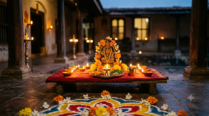 Dhana Lakshmi Pooja procedure altar with oil lamps and flowers on Deepavali night
