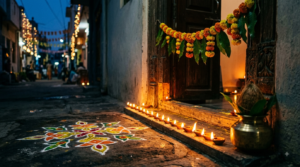 Diwali 2026 date lamps lit at a home doorway during Lakshmi Puja muhurat