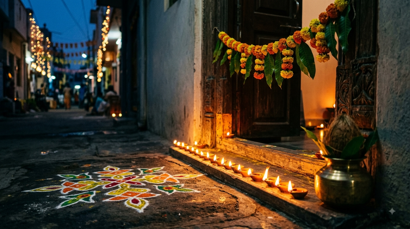 Diwali 2026 date lamps lit at a home doorway during Lakshmi Puja muhurat