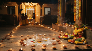 Diwali Lakshmi Puja 2026 home altar with diyas and Telugu rangoli at dusk