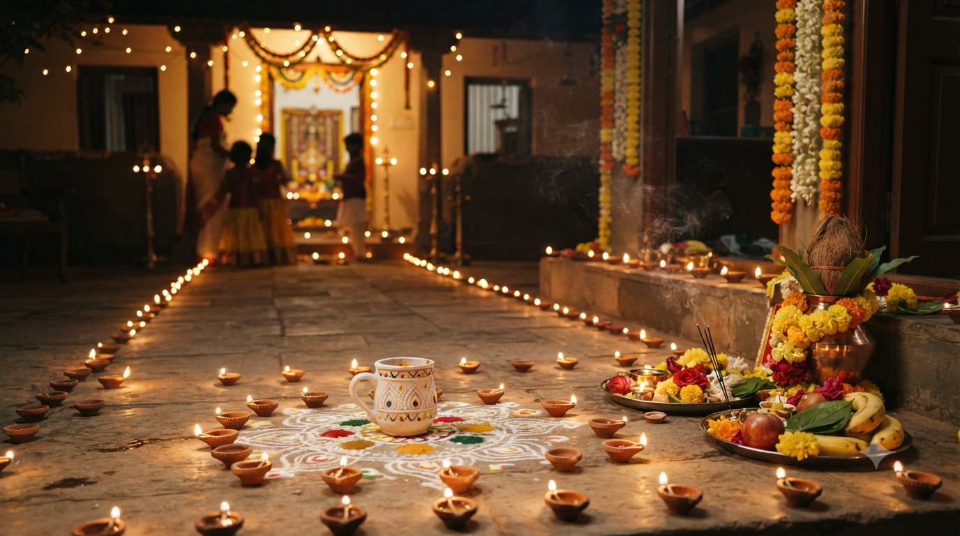Diwali Lakshmi Puja 2026 home altar with diyas and Telugu rangoli at dusk