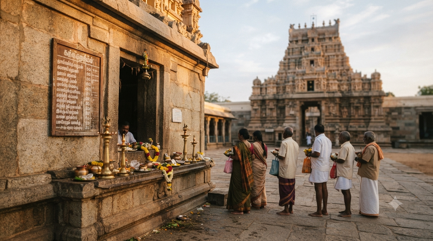 Draksharamam Temple sevas ticket counter with pilgrims queuing at a South Indian temple entrance