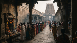 Draksharamam Temple darshan timings: pilgrims in the morning queue inside the temple prakaram