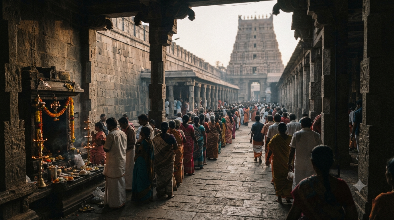Draksharamam Temple darshan timings: pilgrims in the morning queue inside the temple prakaram