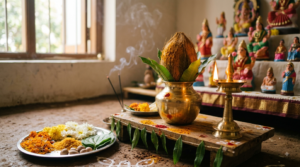 Durga Pooja Vidhanam in Telugu home setup with brass kalasham, mango leaves, oil lamp and marigold flowers