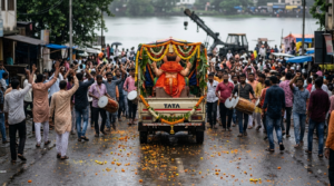 Ganesh Visarjan 2026 procession carrying a clay Ganesha idol toward the immersion point