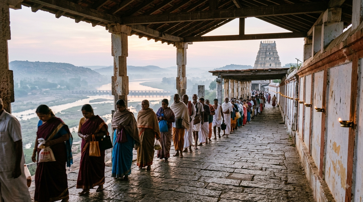 Kanaka Durga Temple Timings: pilgrims in the early morning darshan queue at Indrakeeladri, Vijayawada