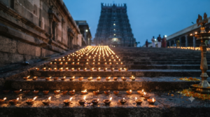 Karthika Masam 2026 dates guide: rows of oil lamps lit at an Andhra Pradesh Shiva temple at dusk