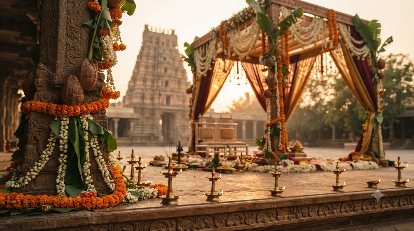Karthika Masam marriage mandapam with oil lamps and marigold garlands prepared for a Telugu wedding muhurtham
