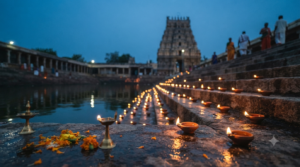 Karthika Masam start date shown on a Telugu panchangam beside lit clay deepam lamps