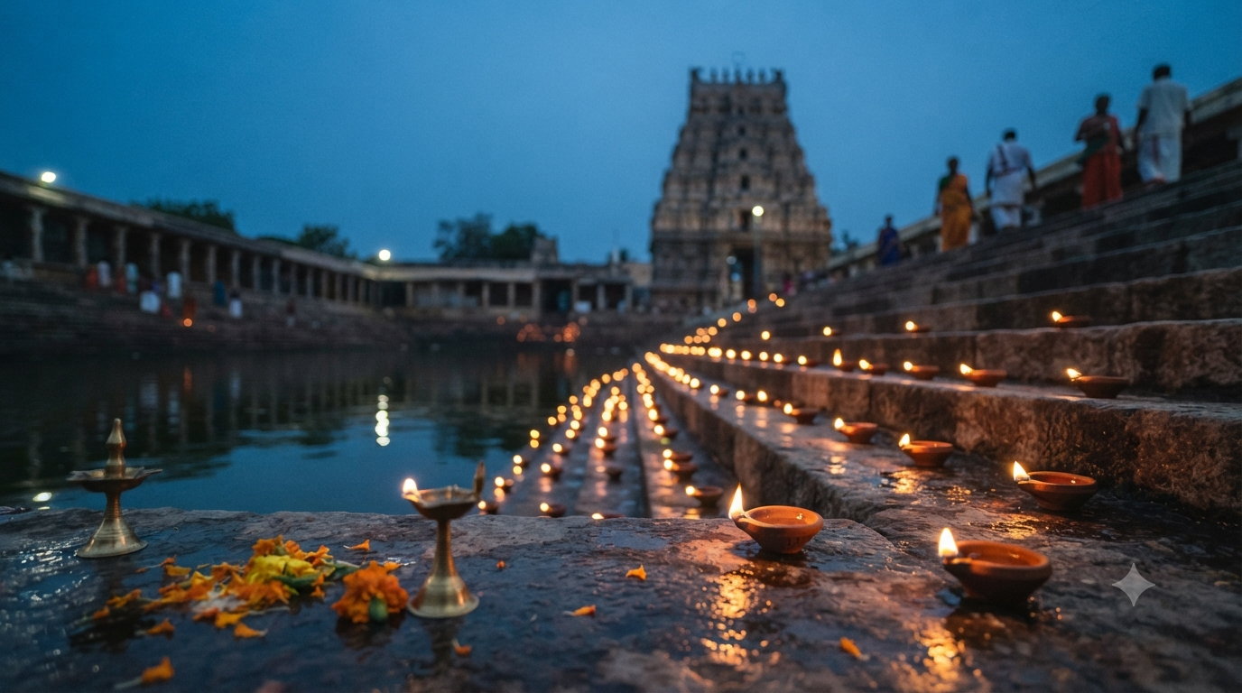 Karthika Masam start date shown on a Telugu panchangam beside lit clay deepam lamps