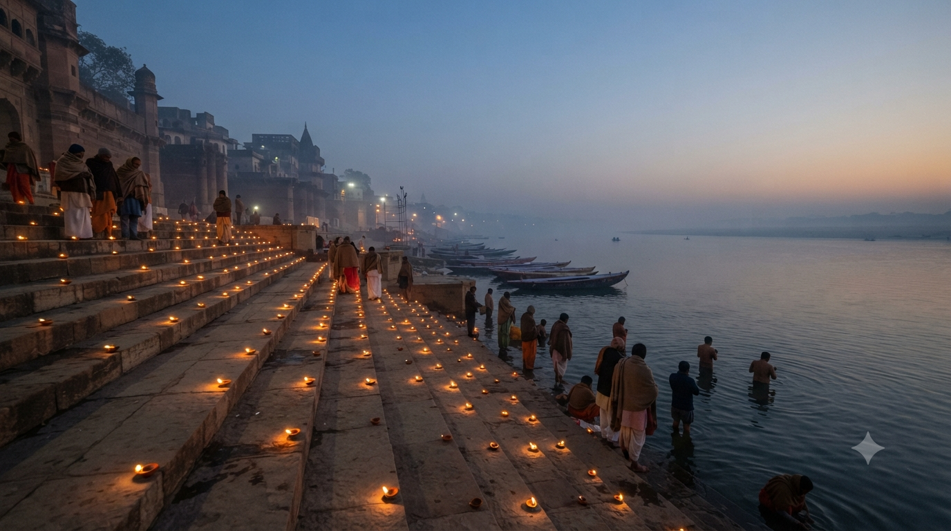 Kartik Ganga Snan devotees at a river ghat before sunrise on Kartik Purnima