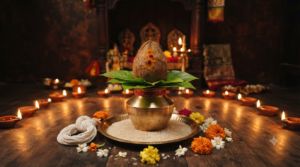 Kedara Gowri Vratham puja setup with brass kalasam, coconut, betel leaves and lit oil lamps at evening