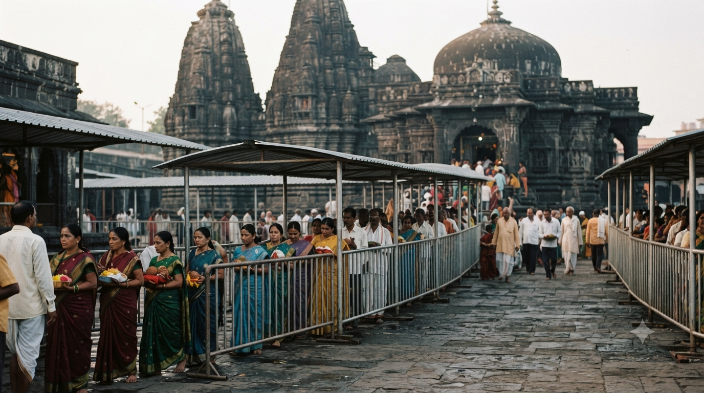 Kolhapur Mahalaxmi darshan booking guide with pilgrims in a regular temple queue