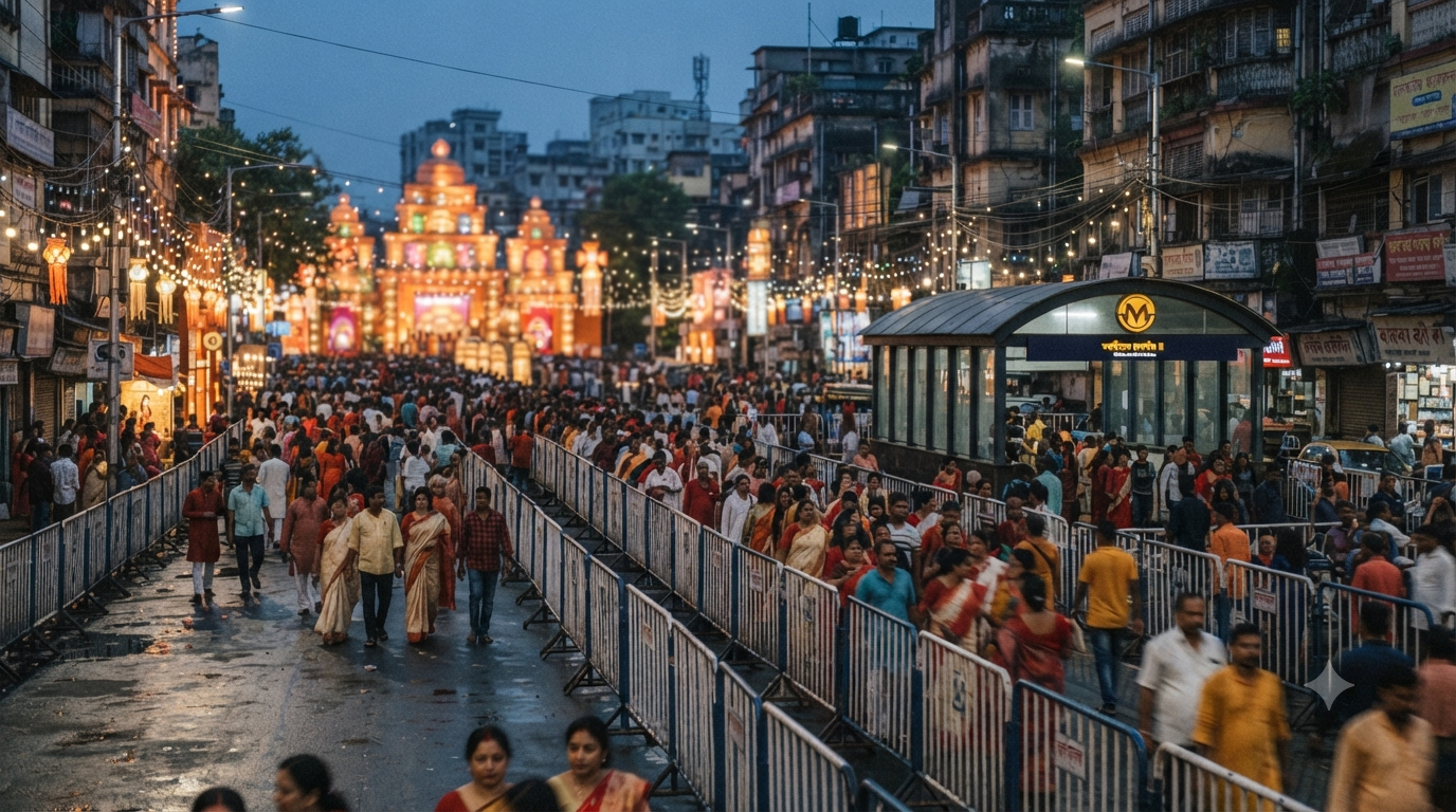 Kolkata Durga Puja map route planning with illuminated pandal streets and festival crowds