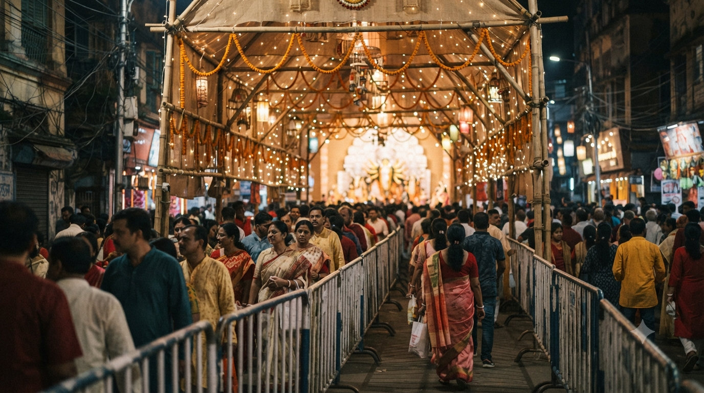 Kolkata Durga Puja pandals with illuminated festival walkway and evening crowd