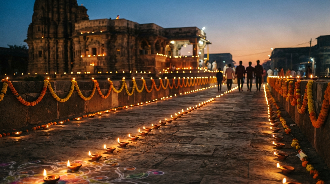 Lakshmi Puja timings in Kolhapur with Diwali diyas and temple setting