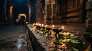 Maha Shivaratri date and time guide - oil lamps and bilva leaves at a Shiva shrine during the night vigil