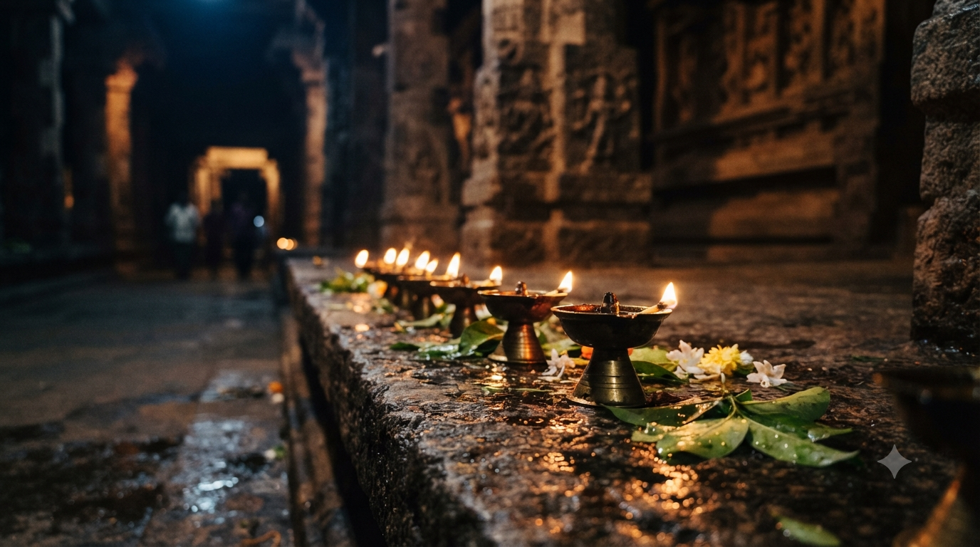 Maha Shivaratri date and time guide - oil lamps and bilva leaves at a Shiva shrine during the night vigil