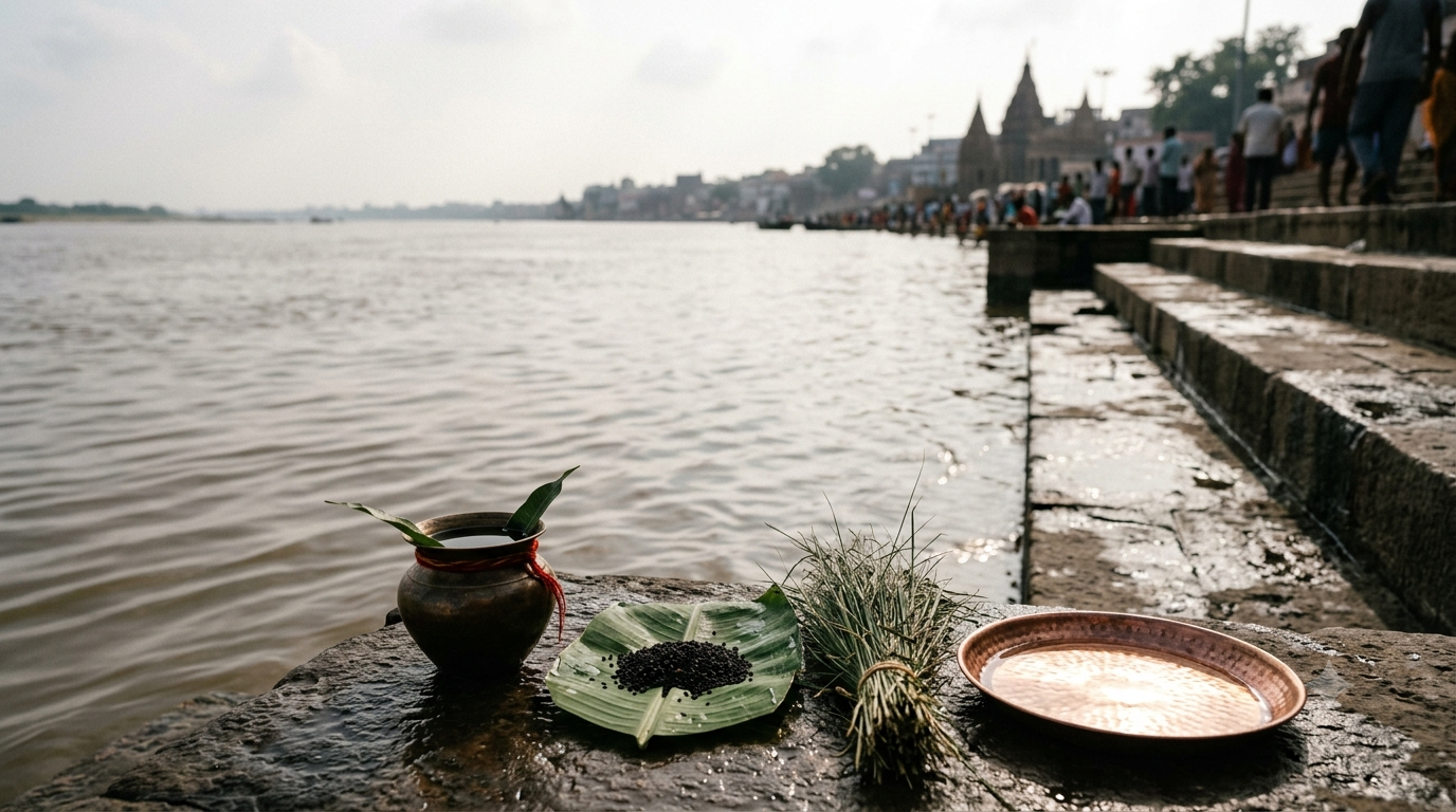 Mahalaya Amavasya 2026 tarpanam offering of water and black sesame at a river ghat in afternoon light
