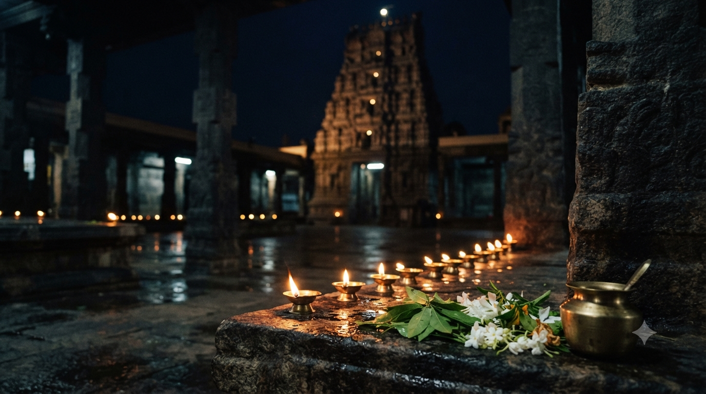 Masa Shivaratri date and time guide: brass oil lamps and bilva leaves at a South Indian Shiva temple at night