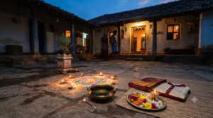 Naraka Chaturdashi 2026 pre-dawn Abhyanga Snanam with lamps in a Telugu home